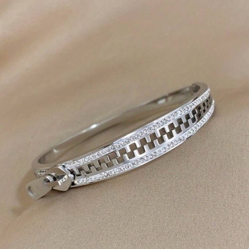 Silver Plated Stainless Steel Zipper Cuff Bracelet | CZ  Tarnish-Resistant